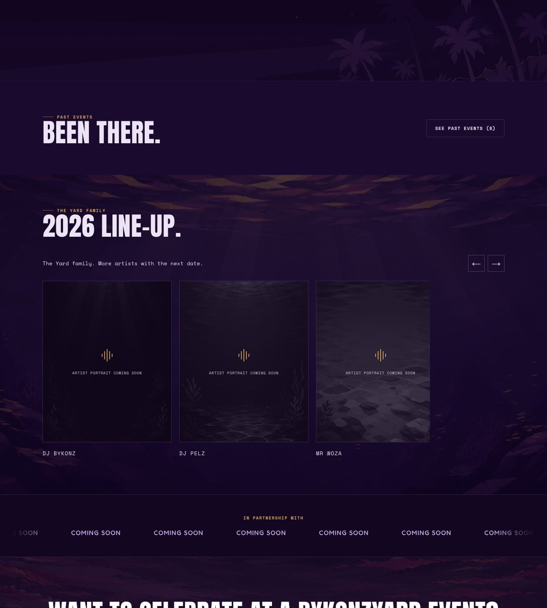 The Events page showing the same three empty artist portraits