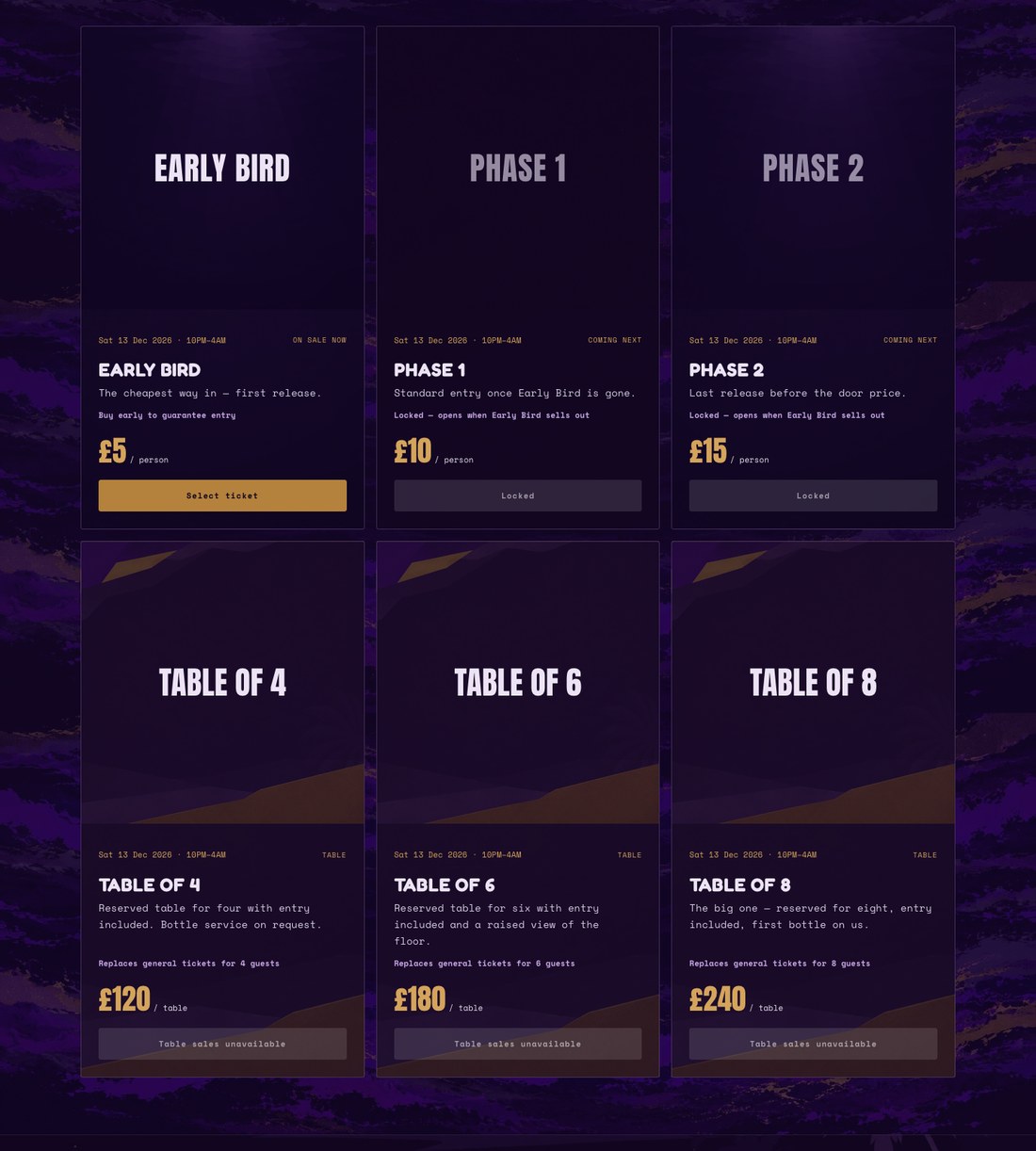 Ticket cards showing one available and five locked